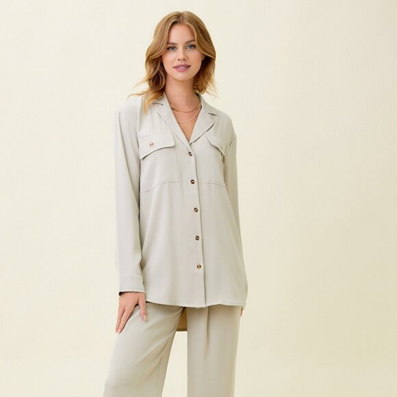 MYSTREE Beige Button Down Blouse, Long Sleeve Pocket Shirt Neutral Top - Picture 4 of 5